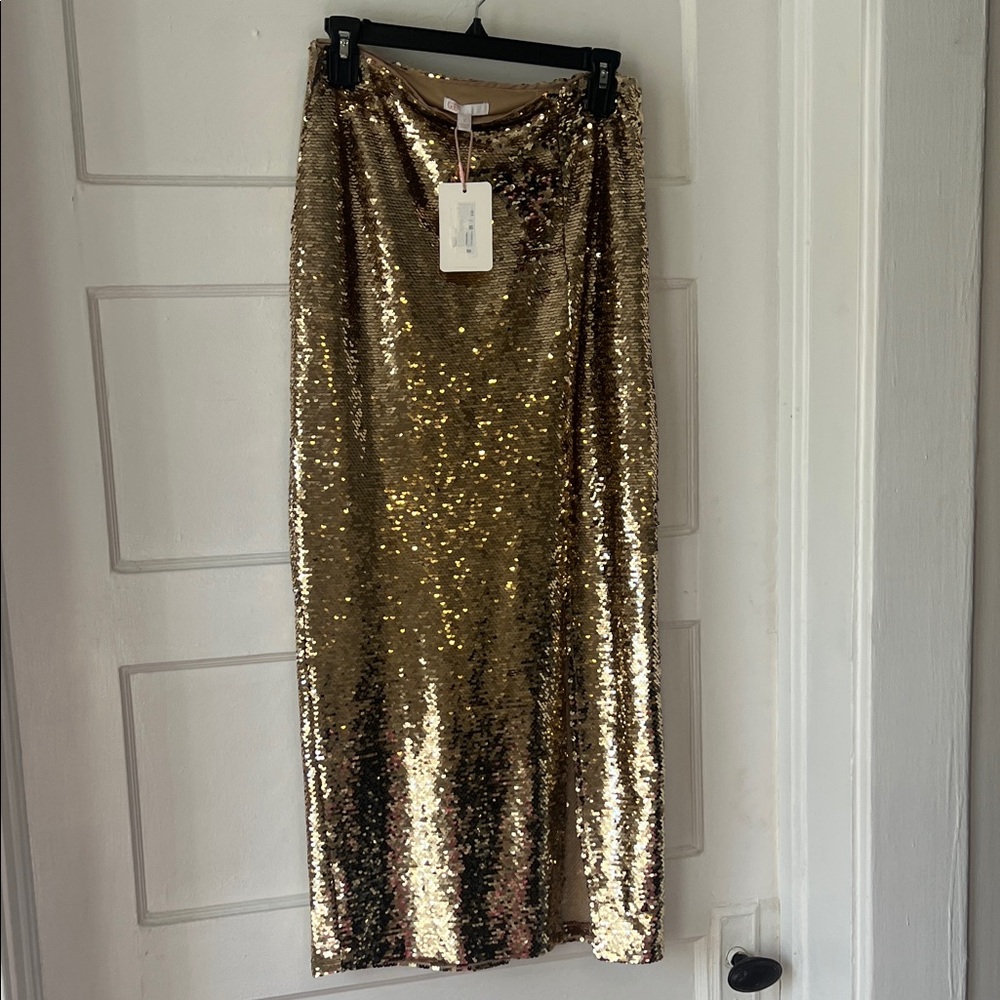 Gianni Bini Gold Sequin Pencil Midi Skirt with Slit